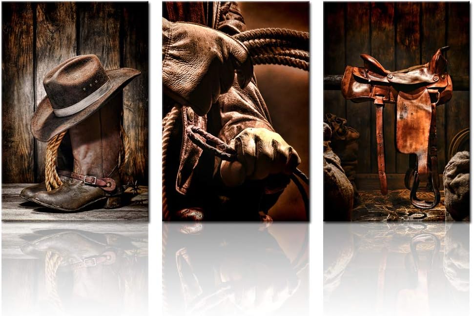 3 Pieces Canvas Prints Cowboy Wall Art Painting Brown Straw Hat Leather Rancher Roper Boots Picture on Canvas Vintage Artwork Stretched X9194