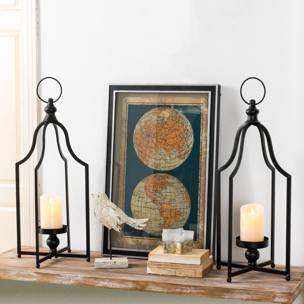 Set of 2 Black Metal Candle Lantern F892
