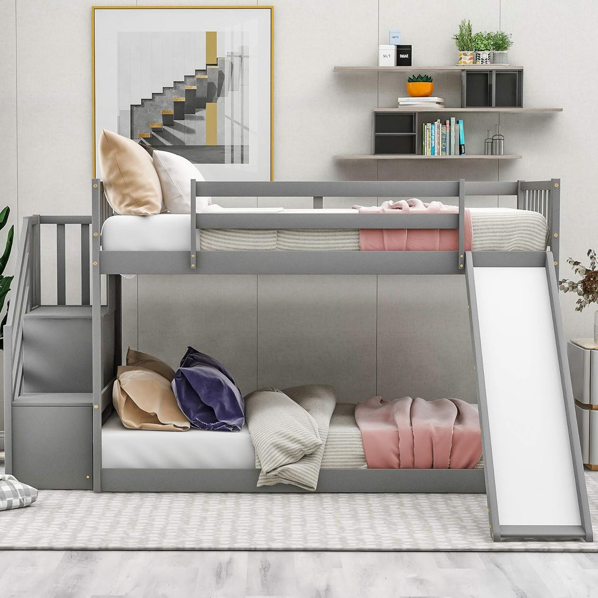 Twin Loft Beds with Slide and Staircase F6057