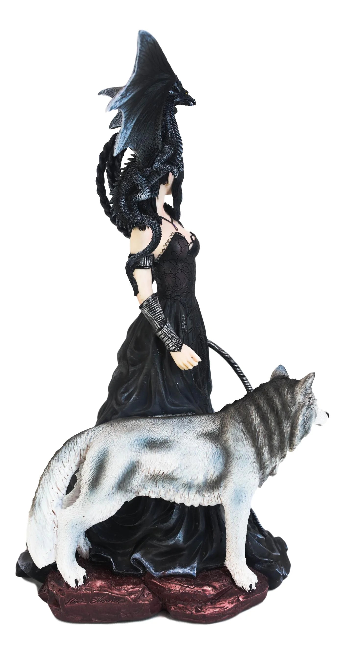 Gothic Witch Fairy With Alpha Wolf and Black Dragon Statue Z402580