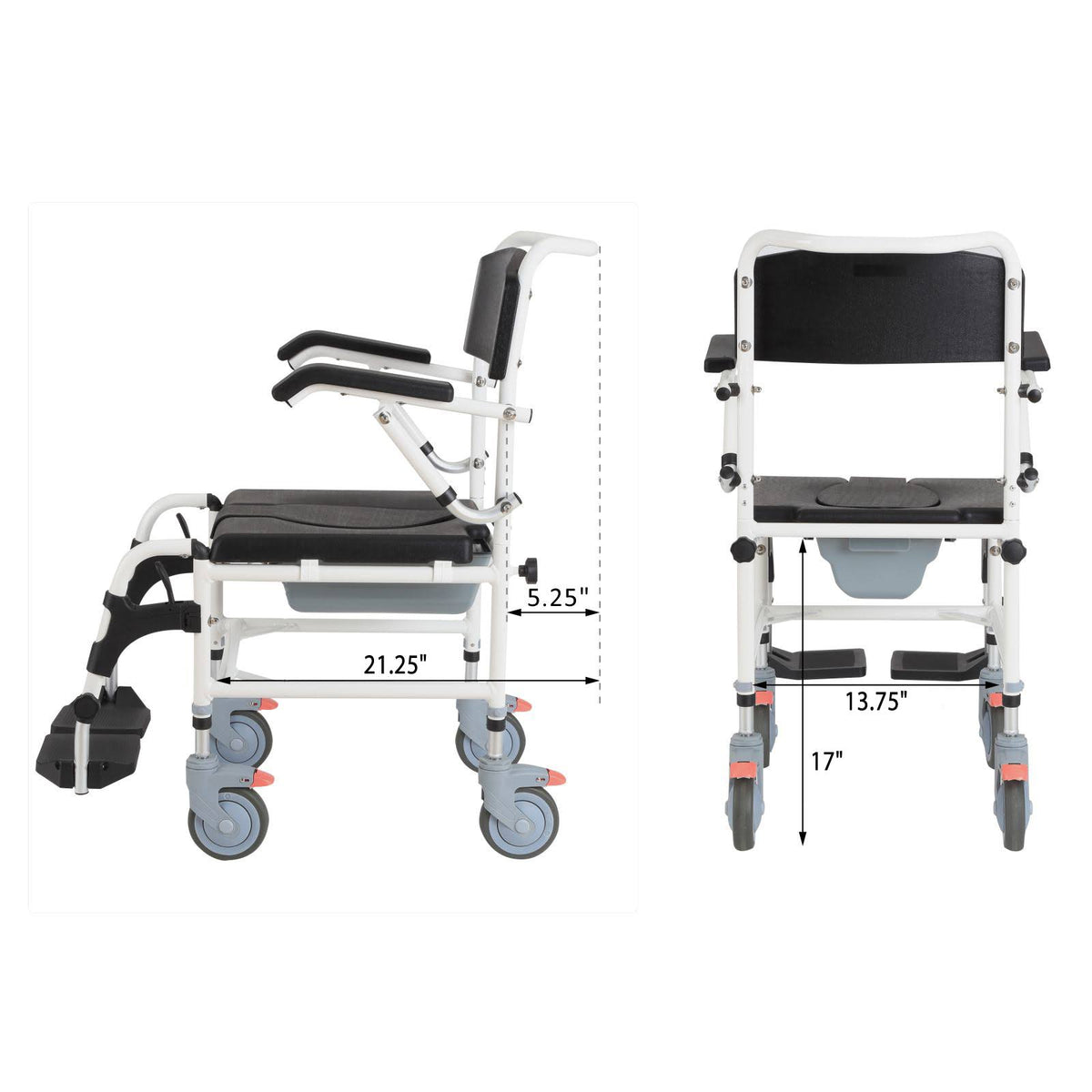 Black Commode Wheelchair with 4 Castor Wheels and Detachable Bucket D4305
