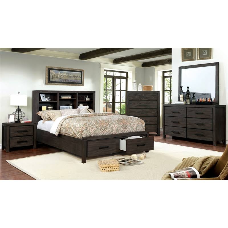 Wire-Brushed Brown Wood Full Panel Bed P857768