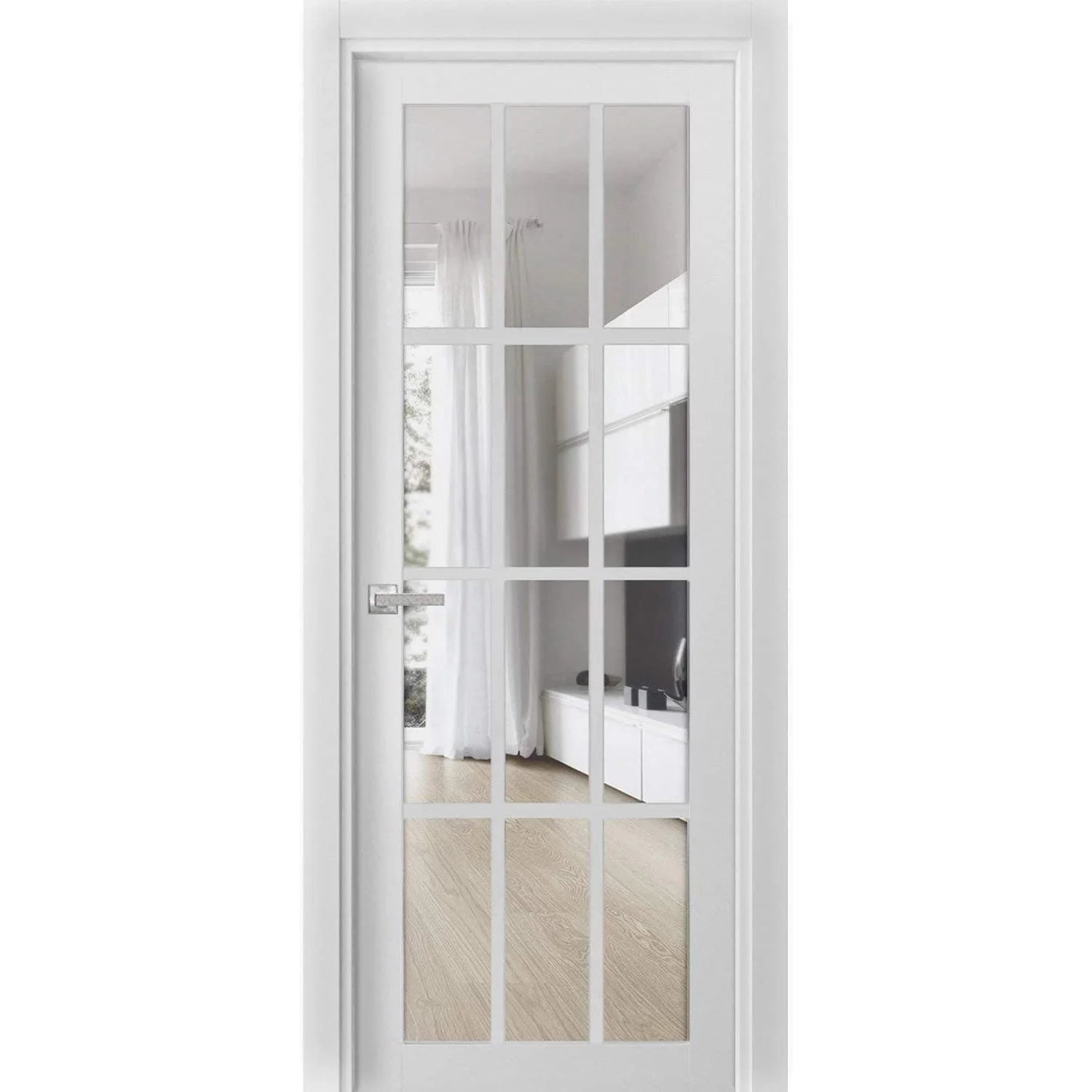 Solid French Door Clear Glass 12 lites White Silk Single Regular Panel Frame Trims Handle Z725646