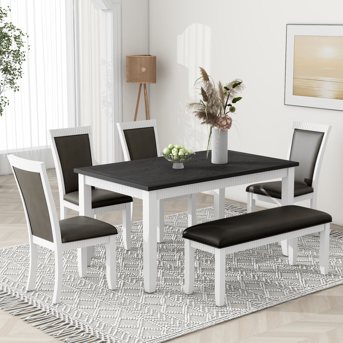 White Solid Wood 6-Piece Dining Table Set with PU Leather Chairs and Bench W52107
