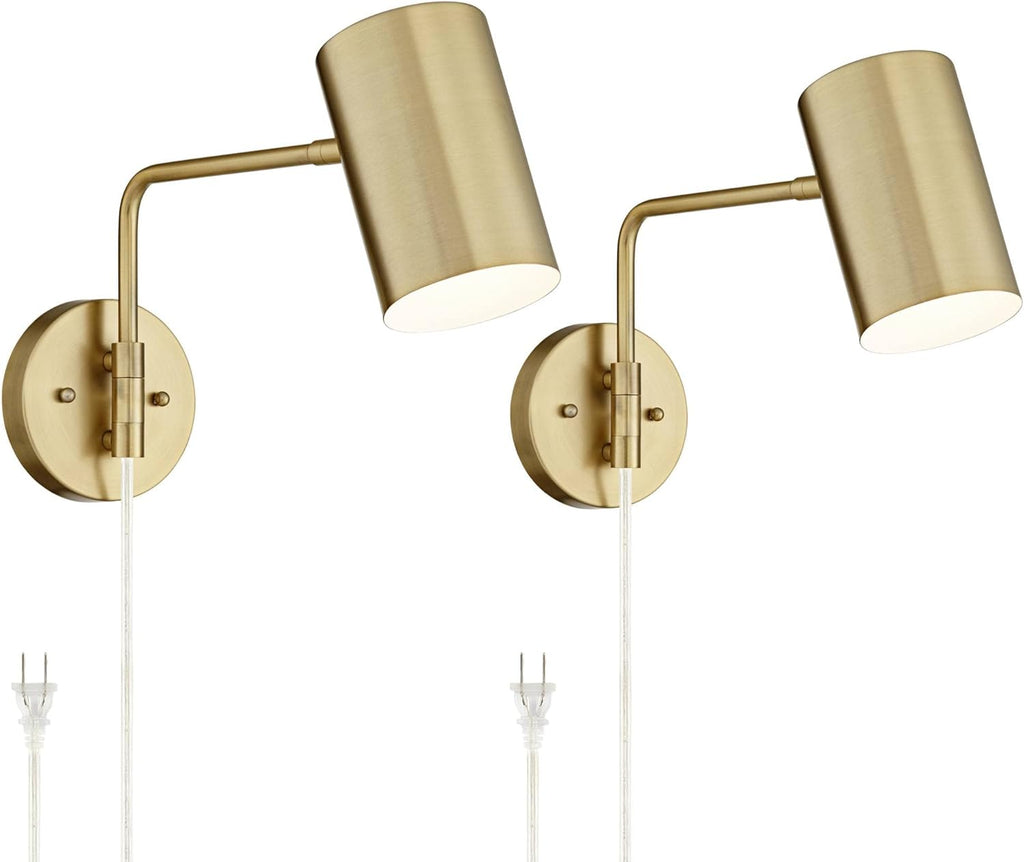 Swing Arm Wall Lamps Set of 2 Brushed Brass Metal Plug-in Light Fixture Cylinder Shade D167166