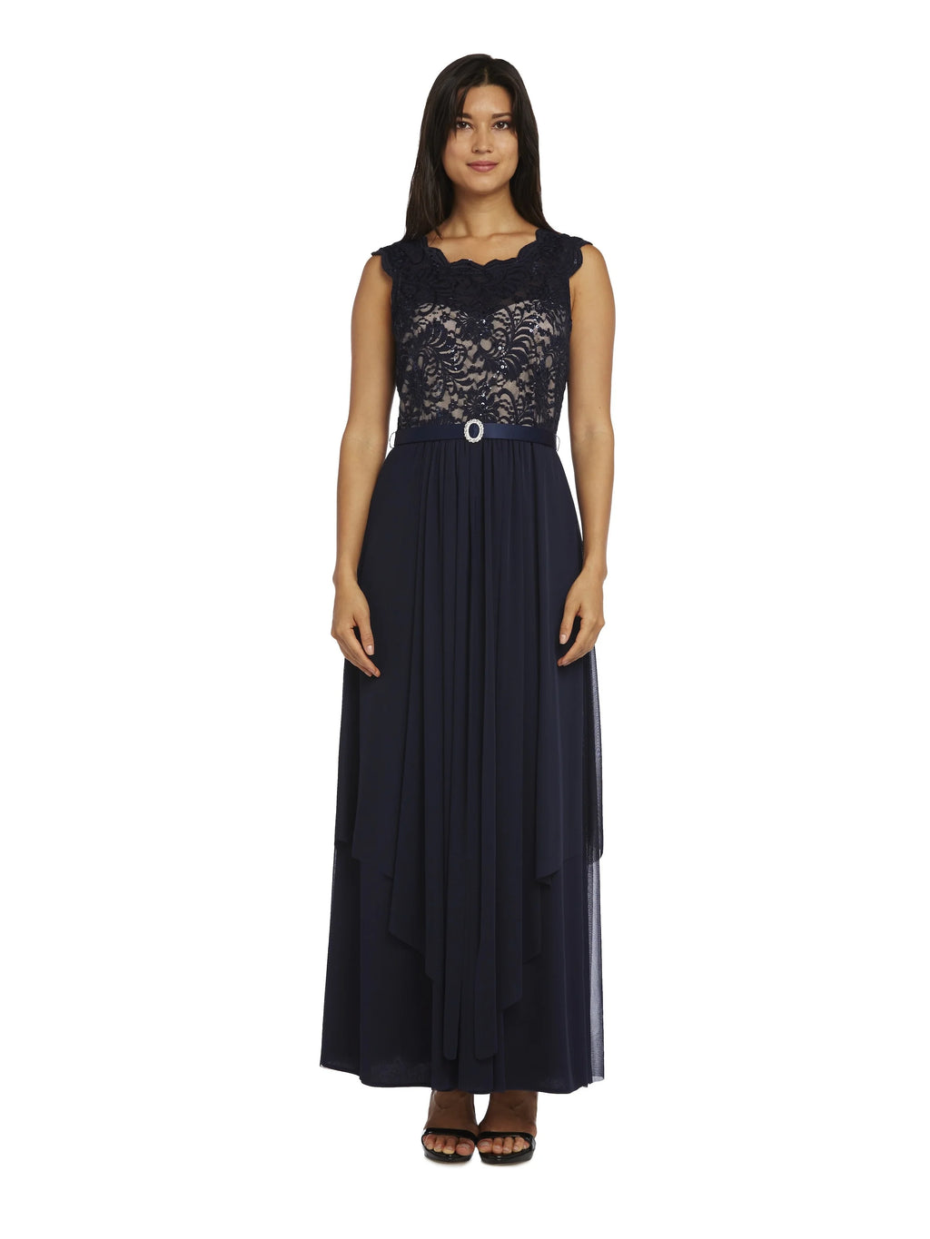 Navy/Taupe Sequin Lace Embroidered A-line Dress F5833