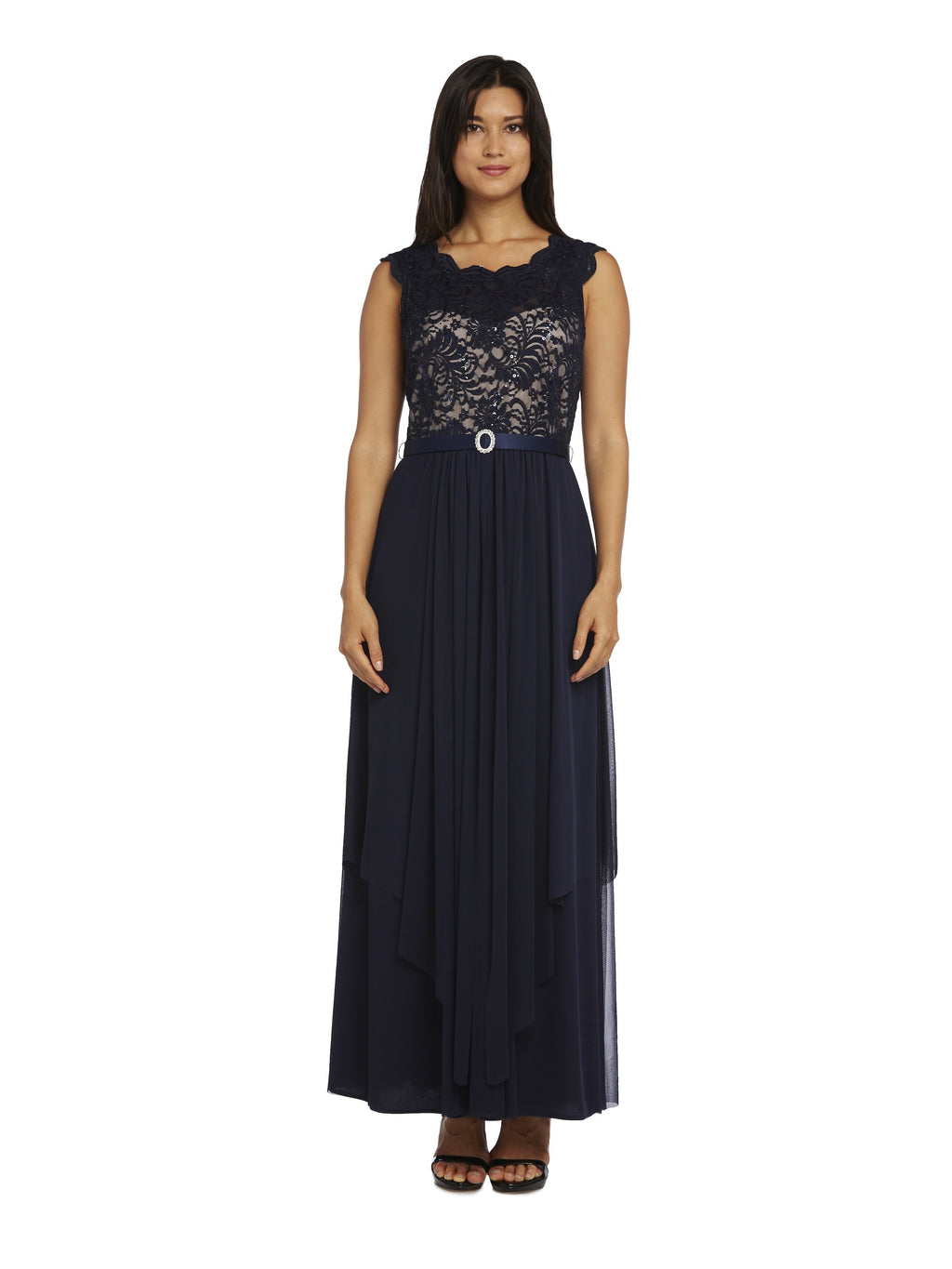 Navy/Taupe Sequin Lace Embroidered A-line Dress F5833