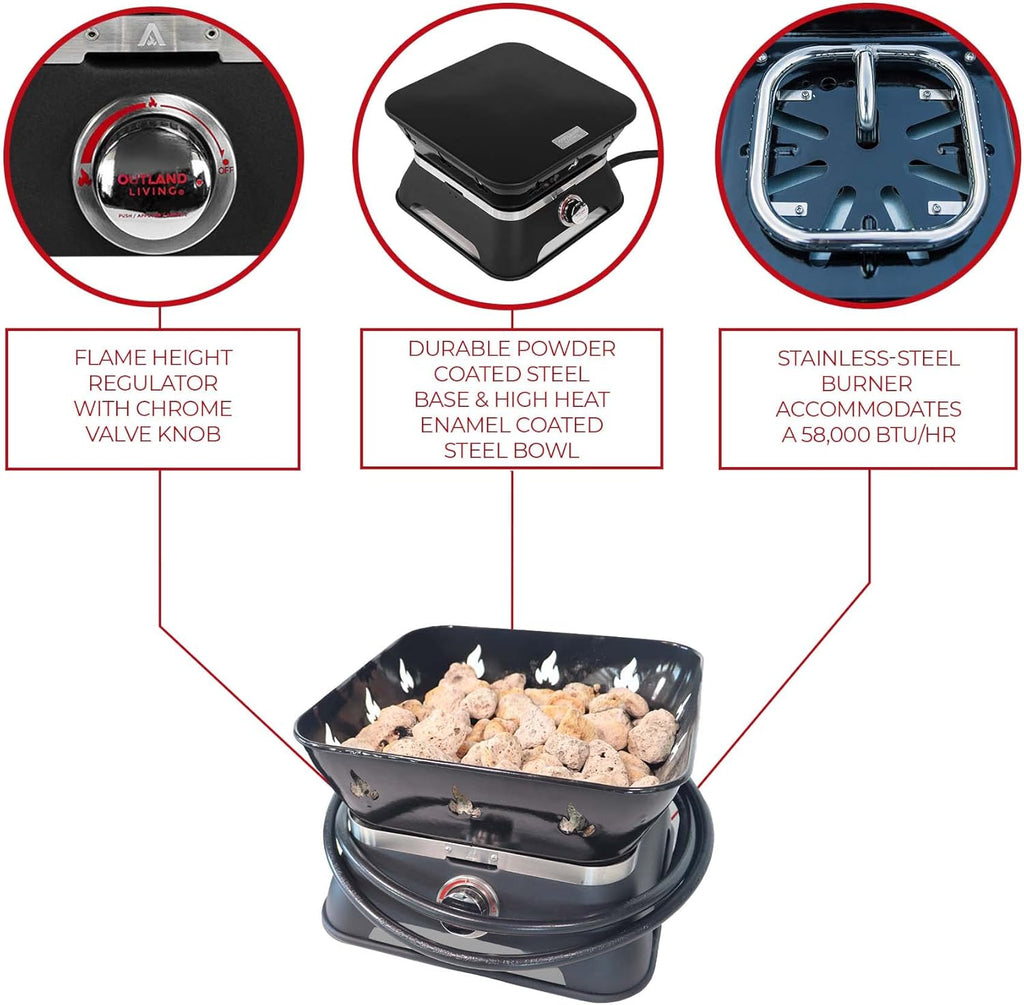 Portable 14-Inch Propane Gas Fire Pit with Cover, Carry Kit and Lava Rock Stones, 58,000 BTU, Black K3506