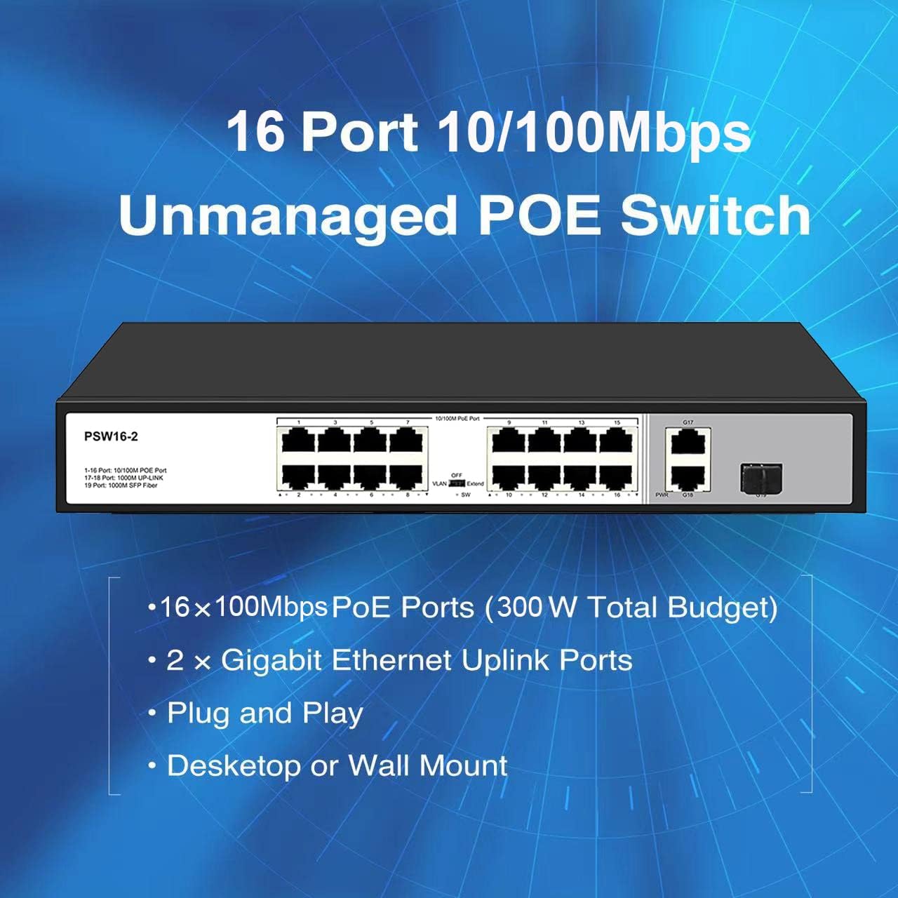 16 Port 10/100Mbps PoE Switch Unmanaged with 2 Gigabit Uplink Ports V39618