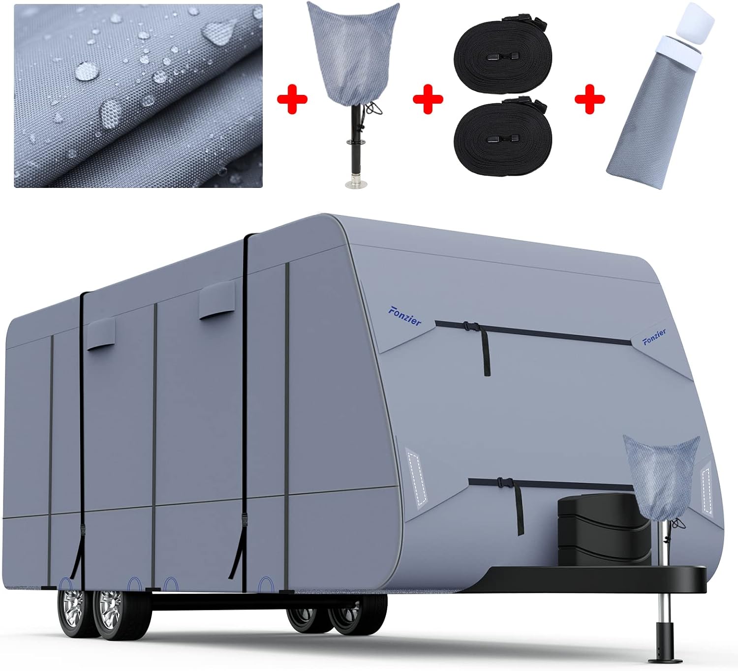 Waterproof 210D Travel Trailer RV Cover Windproof Breathable for 26'1"-28'6" with 4 Gutter Spout Covers Tongue Jack Cover Extra 2 Windproof Straps A2334