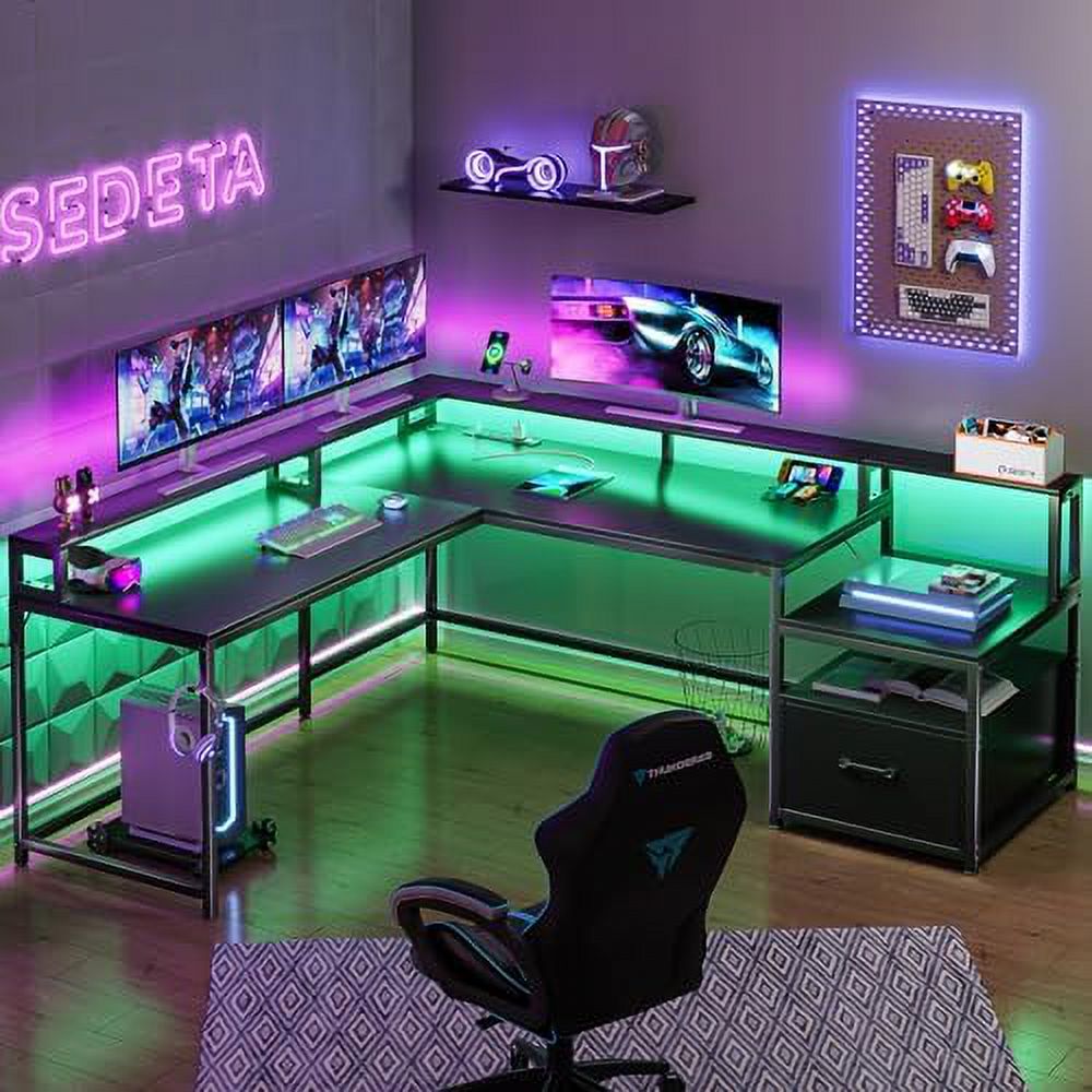 L Shaped Gaming Desk with File Drawer and Power Outlet R730