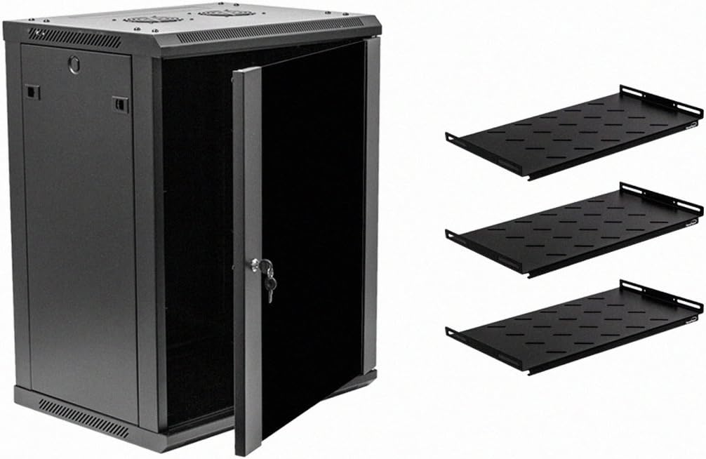 15U Wallmount Cabinet Enclosure 19-Inch Server Network Rack with Locking Glass Door Black with Shelves R291