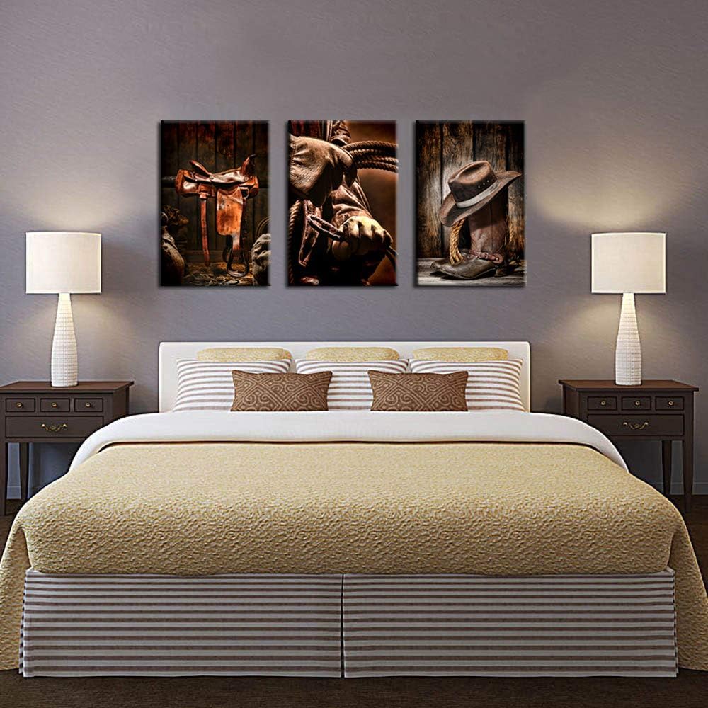 3 Pieces Canvas Prints Cowboy Wall Art Painting Brown Straw Hat Leather Rancher Roper Boots Picture on Canvas Vintage Artwork Stretched X9194