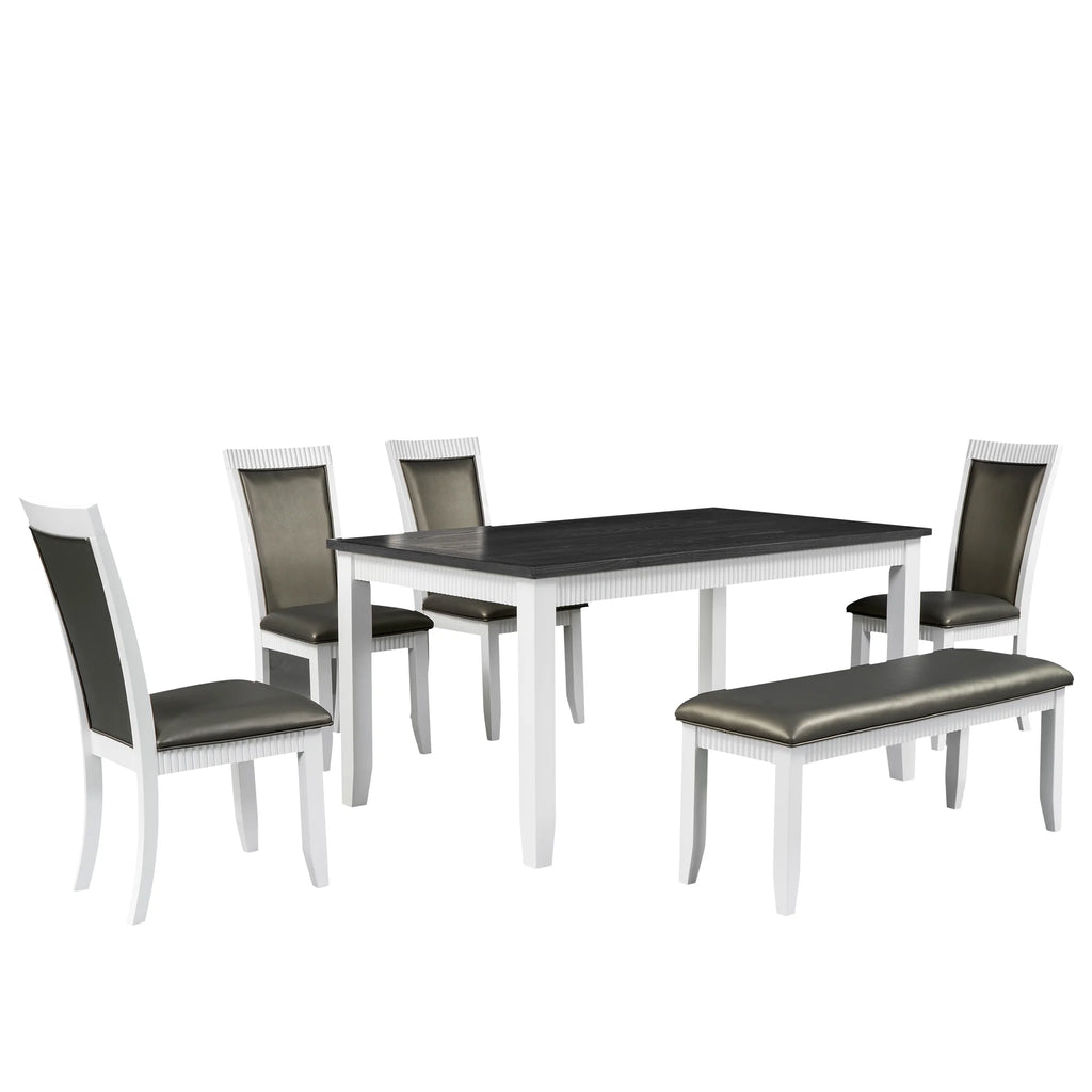 White Solid Wood 6-Piece Dining Table Set with PU Leather Chairs and Bench W52107