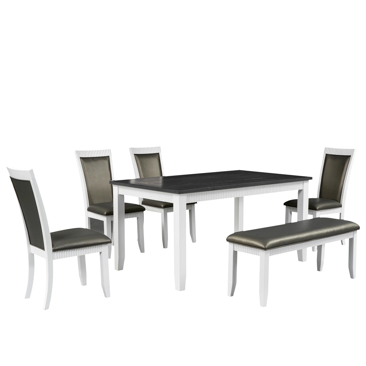 White Solid Wood 6-Piece Dining Table Set with PU Leather Chairs and Bench W52107