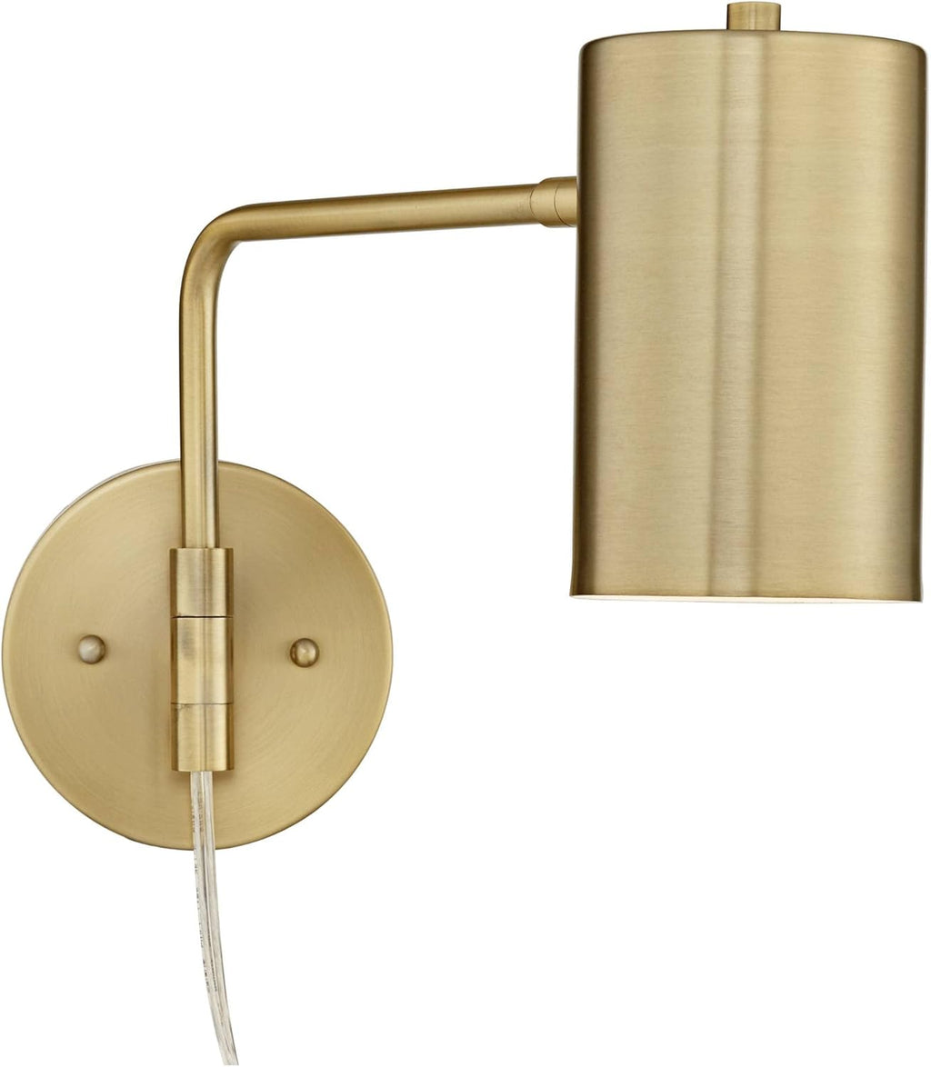 Swing Arm Wall Lamps Set of 2 Brushed Brass Metal Plug-in Light Fixture Cylinder Shade D167166
