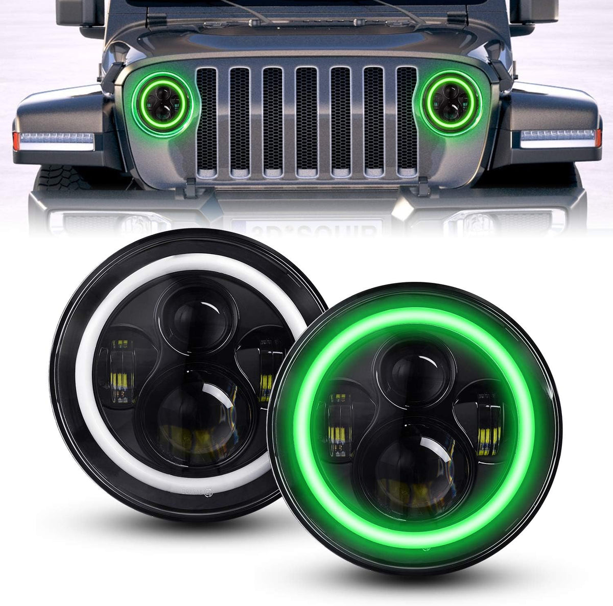 2 PCS 7 Inch Round LED Headlight High Low Beam (Green Halo) G490