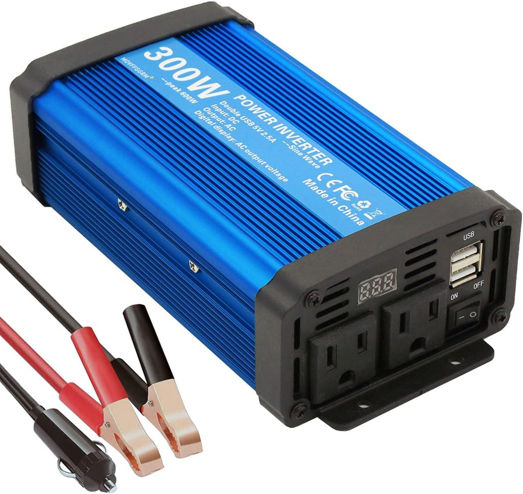 300W Pure Sine Wave Power Inverter DC 12V to 110V AC with 2.4A Dual USB, Pack of 2 K6966