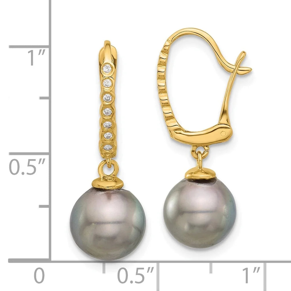 14k Yellow Gold Black Tahitian Pearl Diamond Dangle Earrings I338