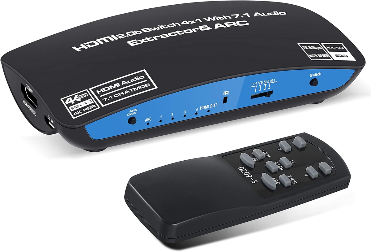 4K@60Hz HDMI Switch 4x1 with 7.1 Audio Extractor, 4 Port HDMI2.0b Switch Box with Optical 5.1CH/3.5mm Audio Out, HDMI Selector Switch with Remote F3740