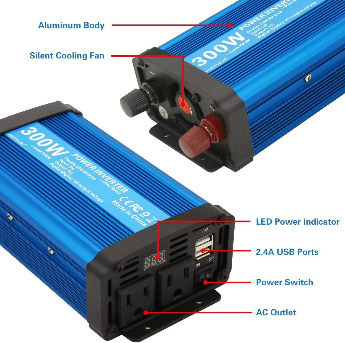 300W Pure Sine Wave Power Inverter DC 12V to 110V AC with 2.4A Dual USB, Pack of 2 K6966