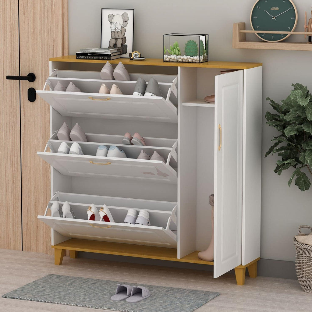 White-Walnut 3 Compartment Shoe Storage Cabinet with Locker P428910