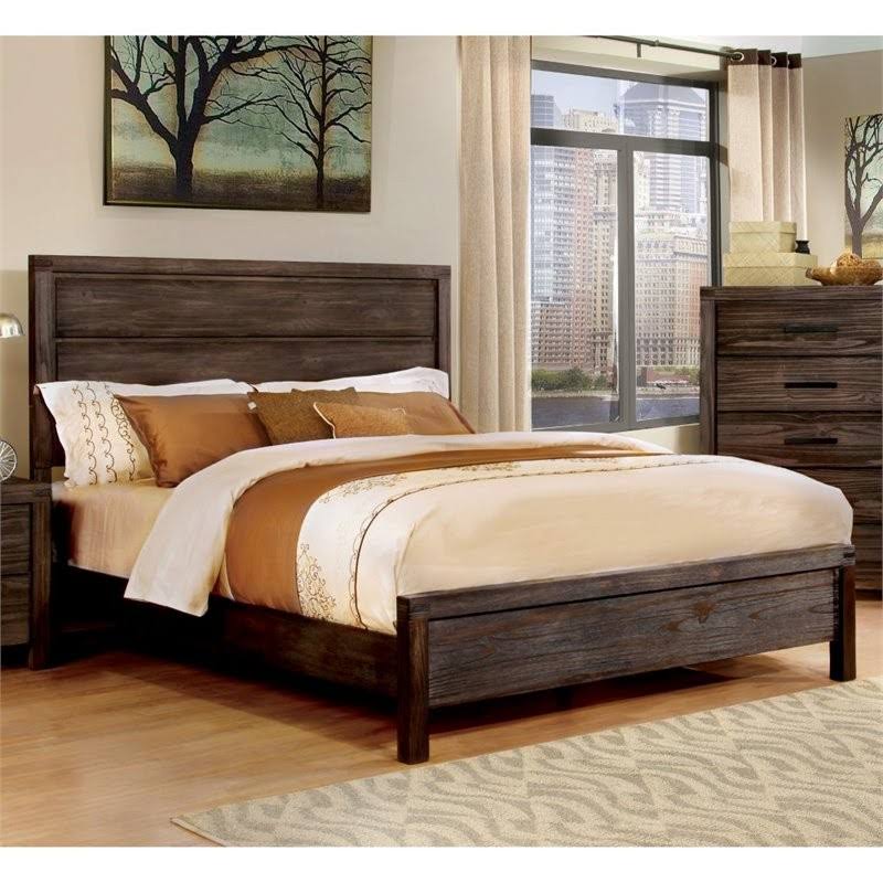 Wire-Brushed Brown Wood Full Panel Bed P857768