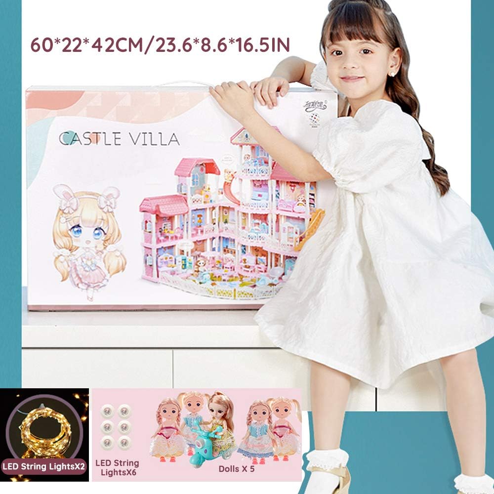 Dollhouse with Furniture Accessories 15 Rooms Pink Pretend Play Doll House Toy Playset O287820