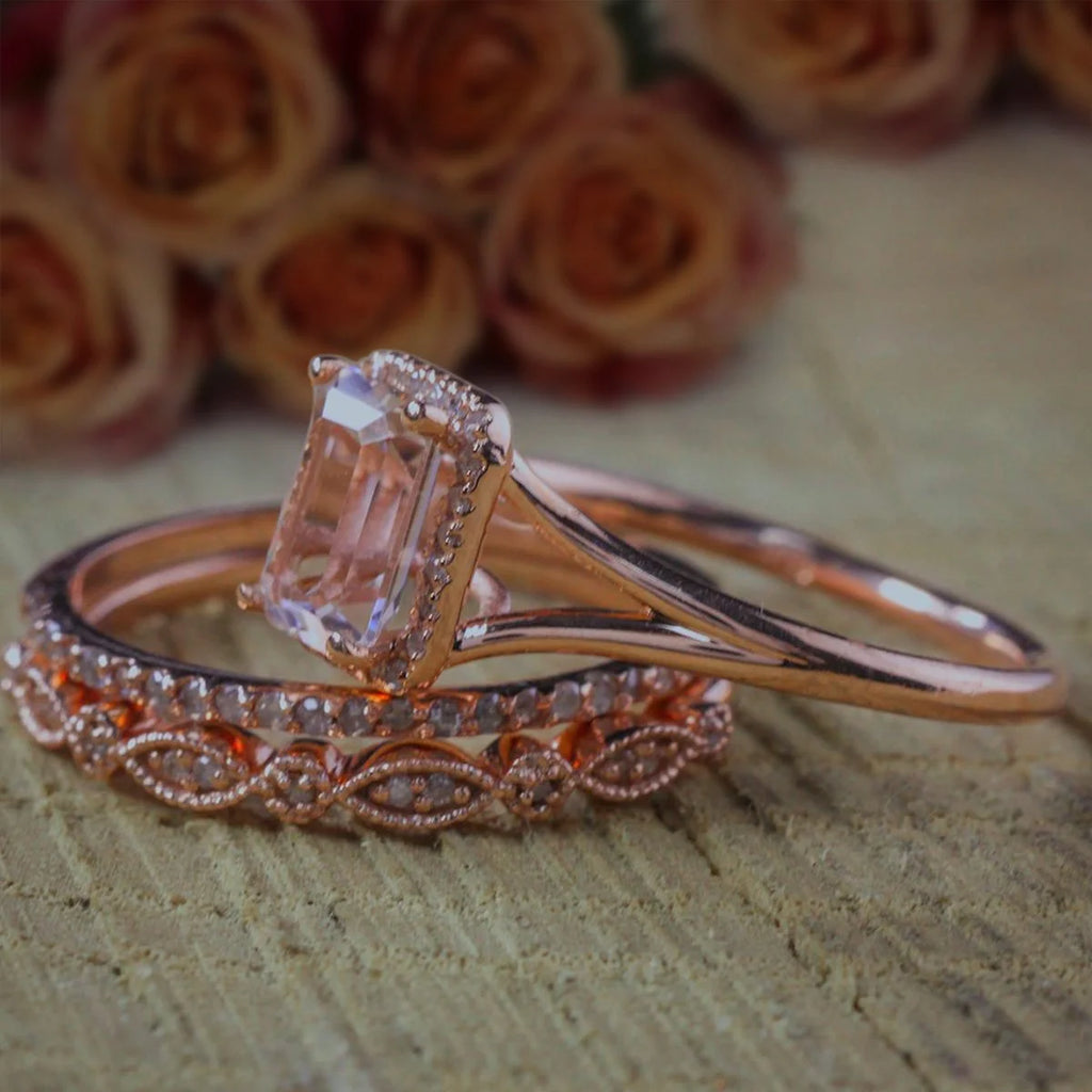 Emerald Cut Morganite Trio Ring Set with 18k Gold Plating C295497