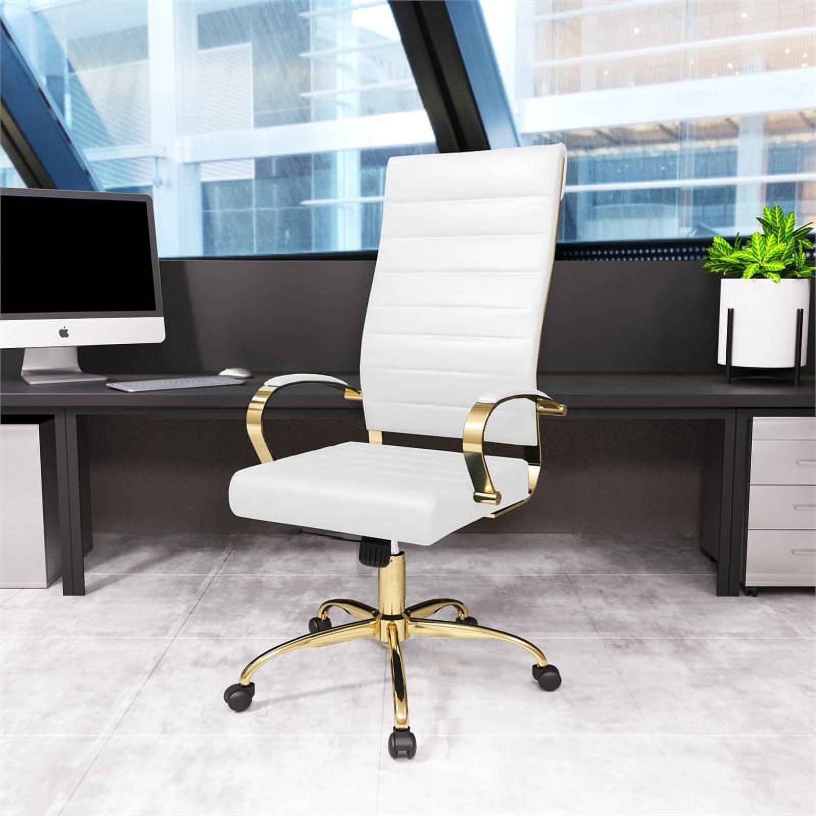Modern Faux Leather High-Back Office Chair in White/Gold H27718