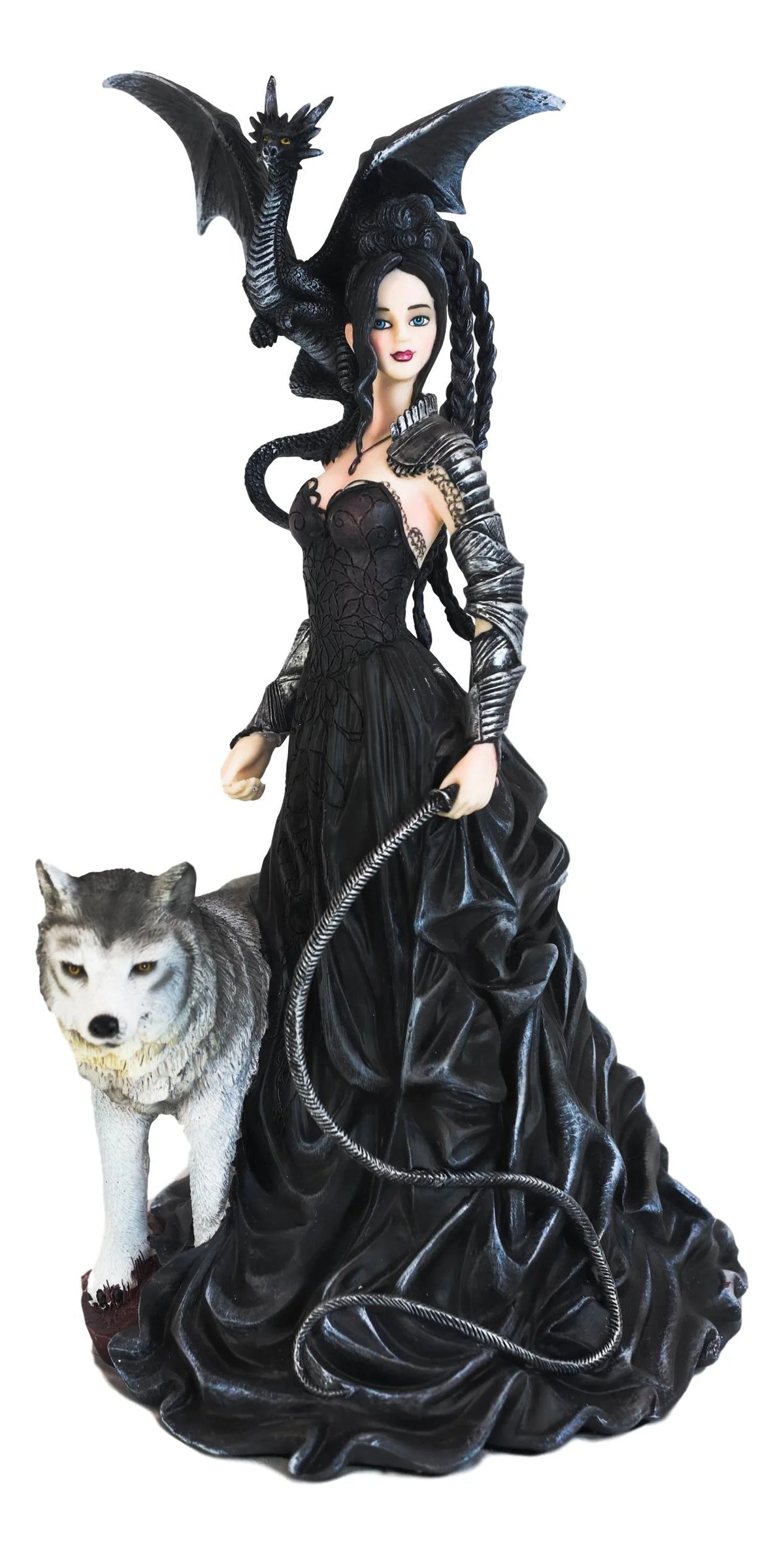 Gothic Witch Fairy With Alpha Wolf and Black Dragon Statue Z402580