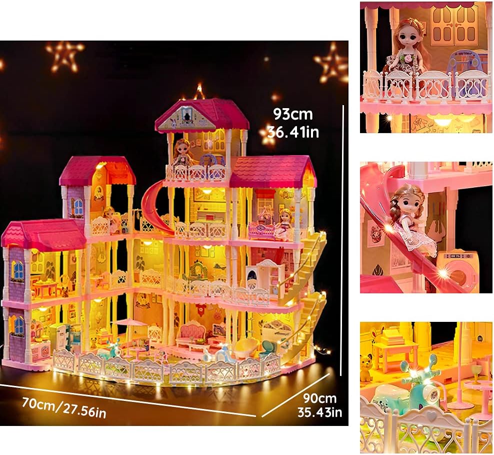 Dollhouse with Furniture Accessories 15 Rooms Pink Pretend Play Doll House Toy Playset O287820