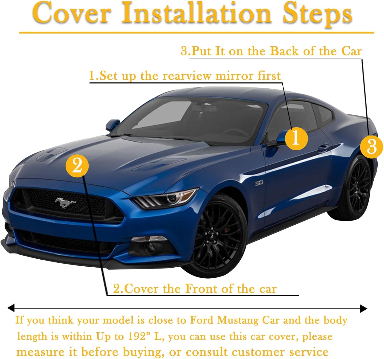Waterproof Car Cover for Ford Mustang, 210D, Up to 192” L (Black) C895