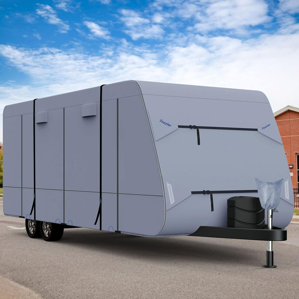 Waterproof 210D Travel Trailer RV Cover Windproof Breathable for 26'1"-28'6" with 4 Gutter Spout Covers Tongue Jack Cover Extra 2 Windproof Straps A2334