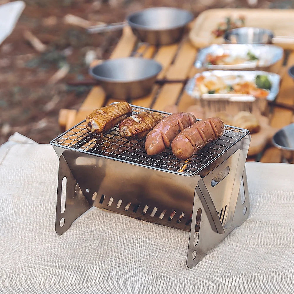 Wood Burning Stove with Grill Plate, Portable Folding Stainless Steel Backpacking Cooking Stove E3399