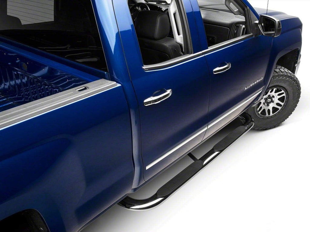 4-Inch Oval Bent End Side Step Bars; Body Mount; Stainless Steel E812