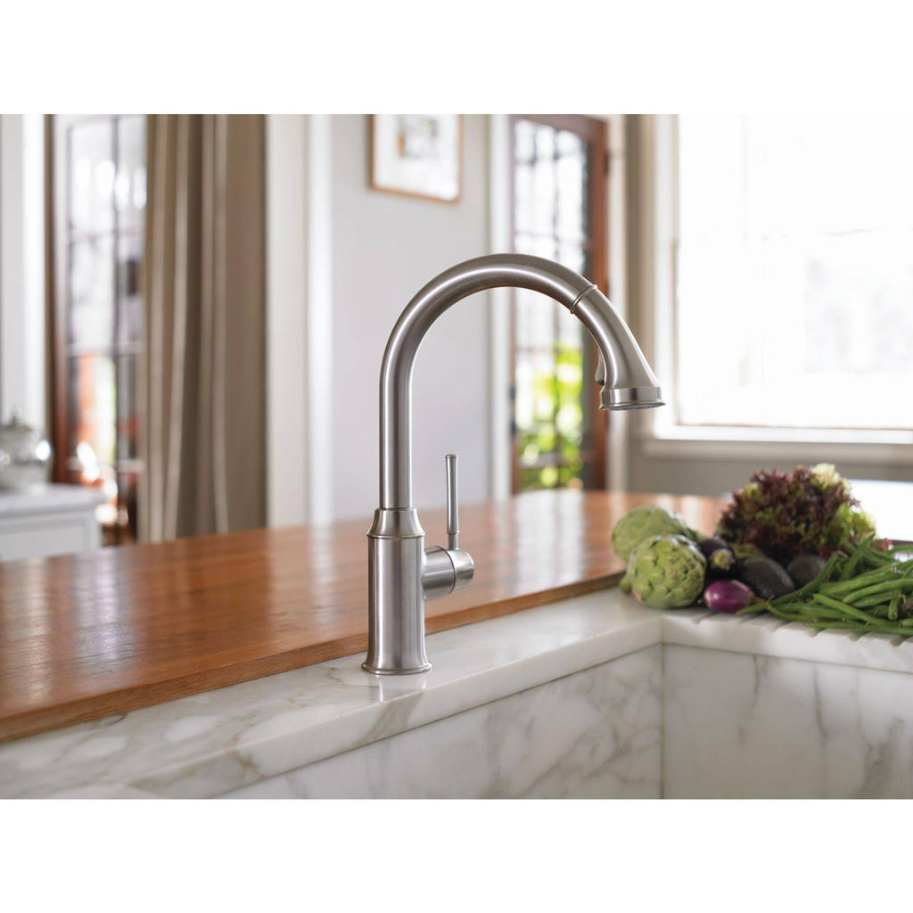 Steel Optik 2-Spray HighArc Pull-Down Kitchen Faucet M257328