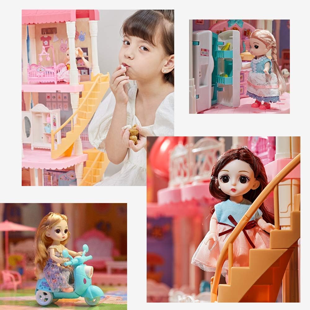 Dollhouse with Furniture Accessories 15 Rooms Pink Pretend Play Doll House Toy Playset O287820