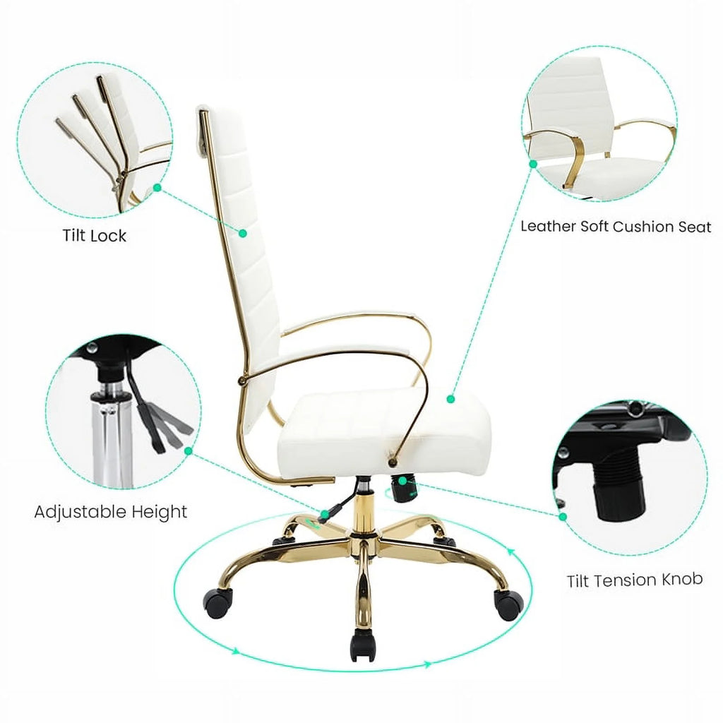 Modern Faux Leather High-Back Office Chair in White/Gold H27718
