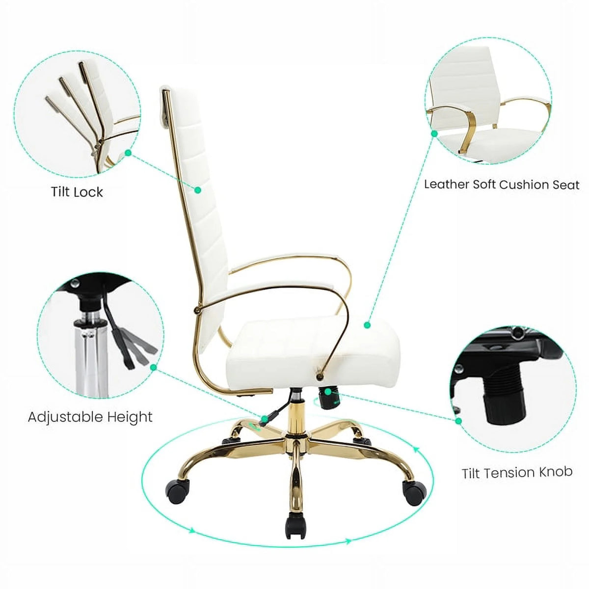 Modern Faux Leather High-Back Office Chair in White/Gold H27718