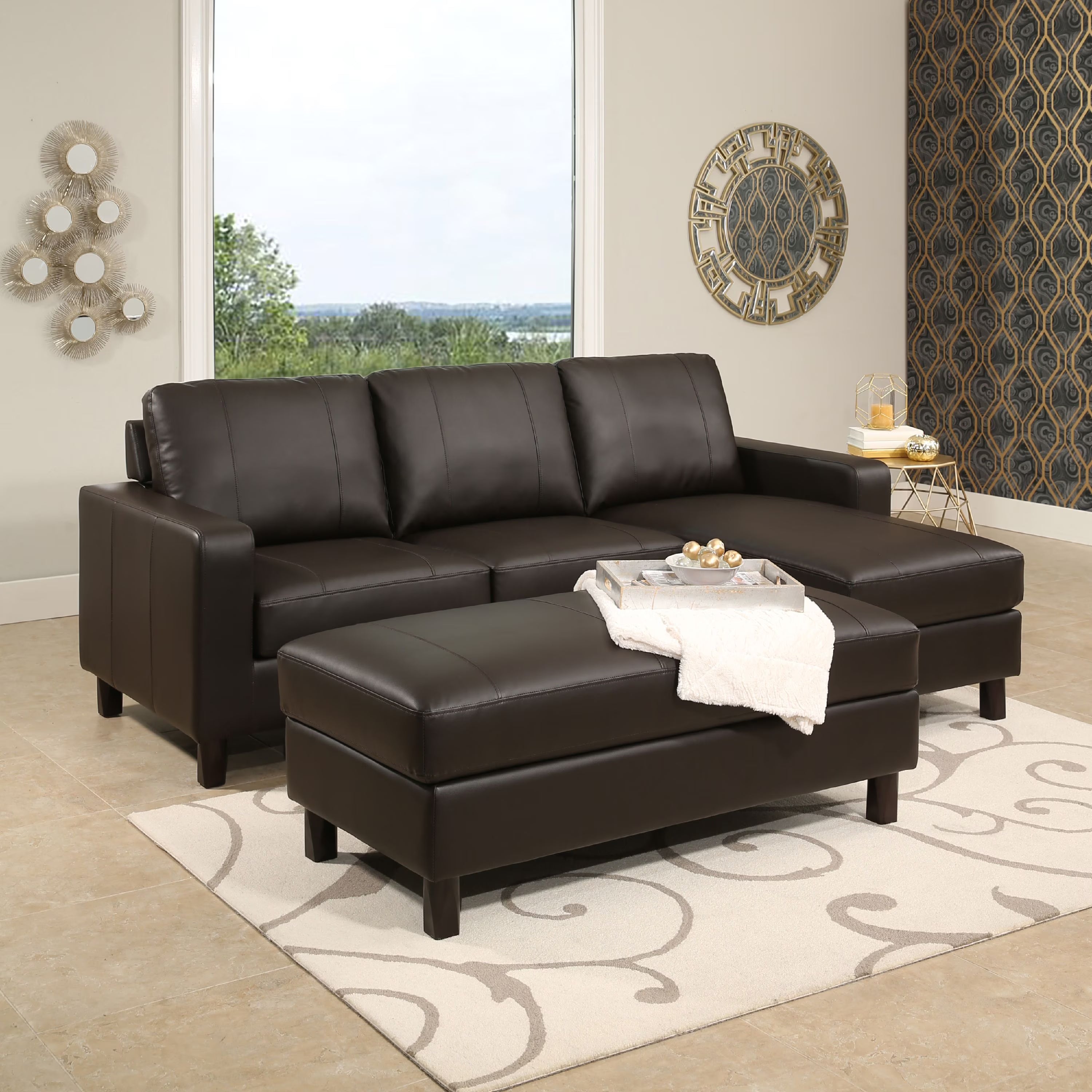 Brown Leather Reversible Sectional and Ottoman Y257