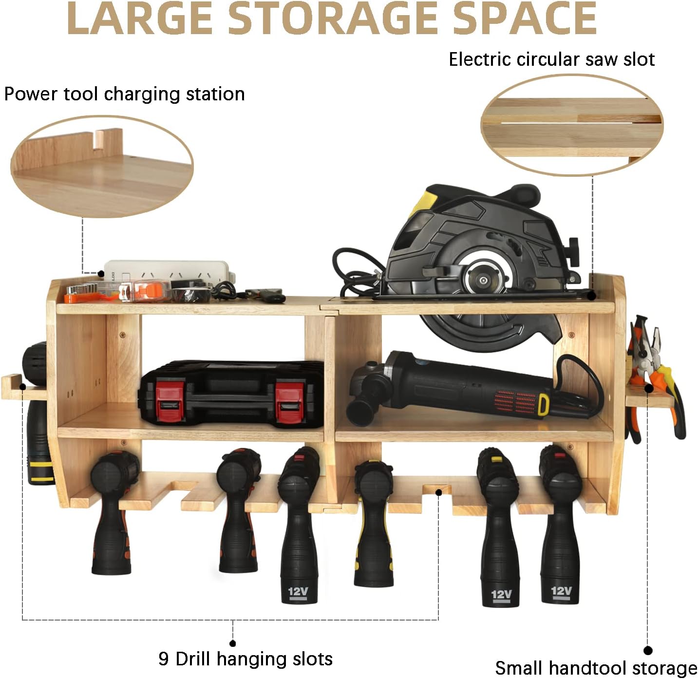 Large Power Tool Organizer with 6 Drill Slots, Wall Mount Garage Tool Organizer H379