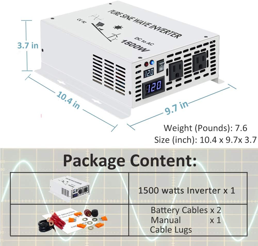 1500W Pure Sine Wave Power Inverter 12VDC to 120VAC I840402