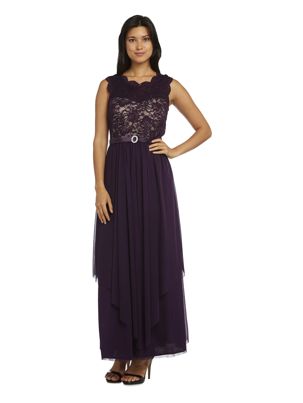 Navy/Taupe Sequin Lace Embroidered A-line Dress F5833