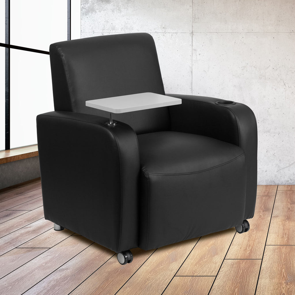 Black LeatherSoft Guest Chair with Tablet Arm and Cup Holder J376