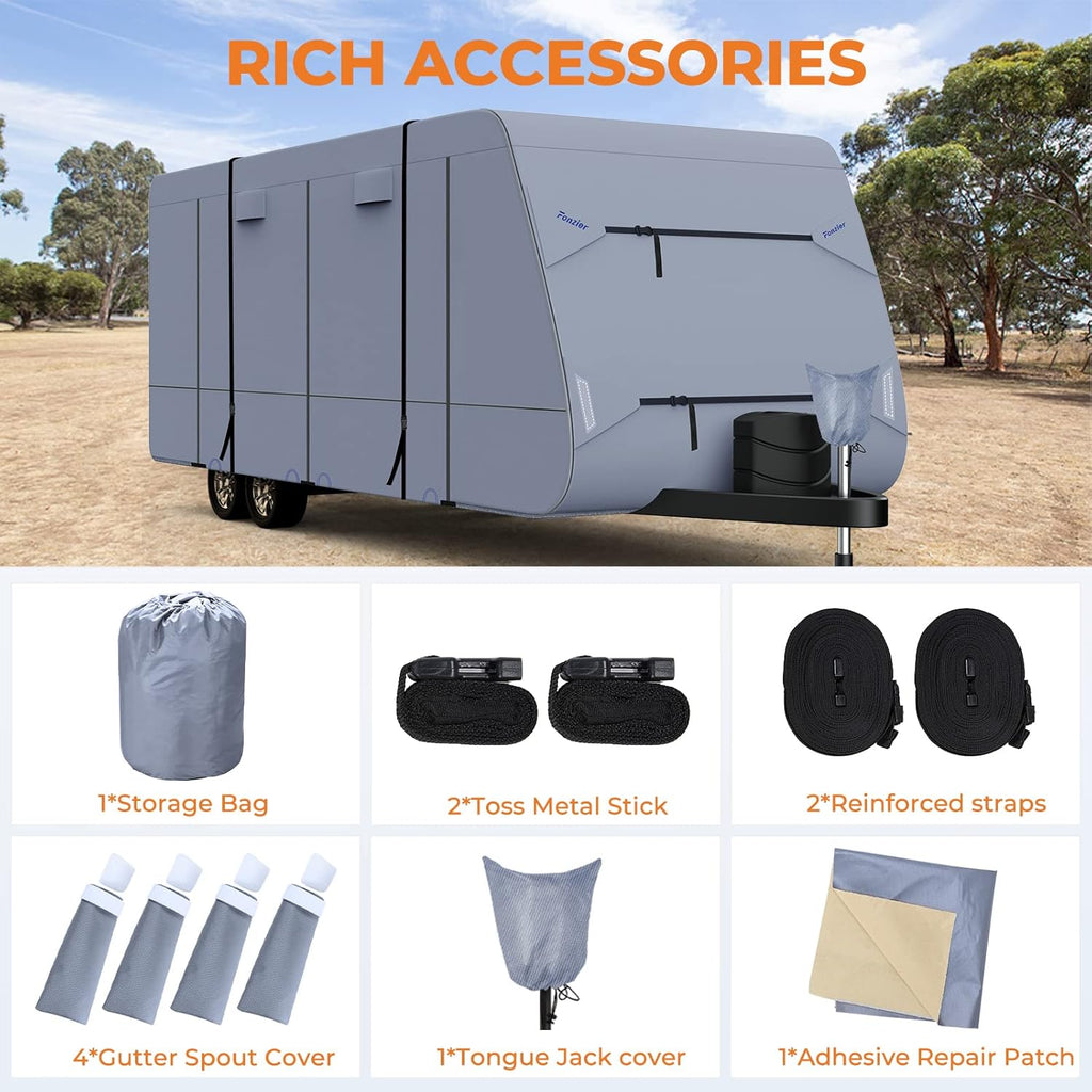 Waterproof 210D Travel Trailer RV Cover Windproof Breathable for 26'1"-28'6" with 4 Gutter Spout Covers Tongue Jack Cover Extra 2 Windproof Straps A2334