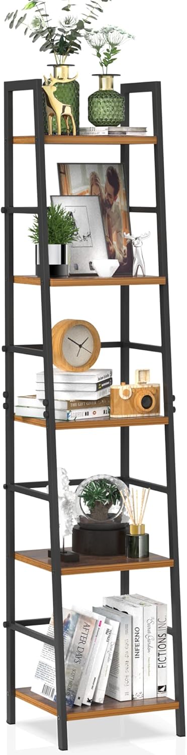 5-Tier Rustic Wood and Metal Ladder Shelf Bookcase K93664