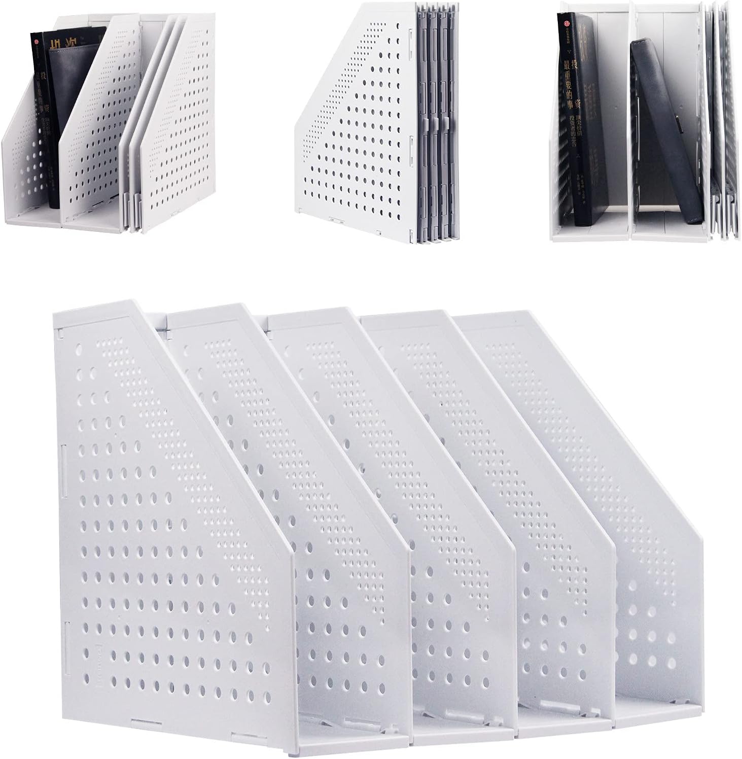 Gray 2Pcs Collapsible Magazine File Holder with 3 Vertical Compartments V606316