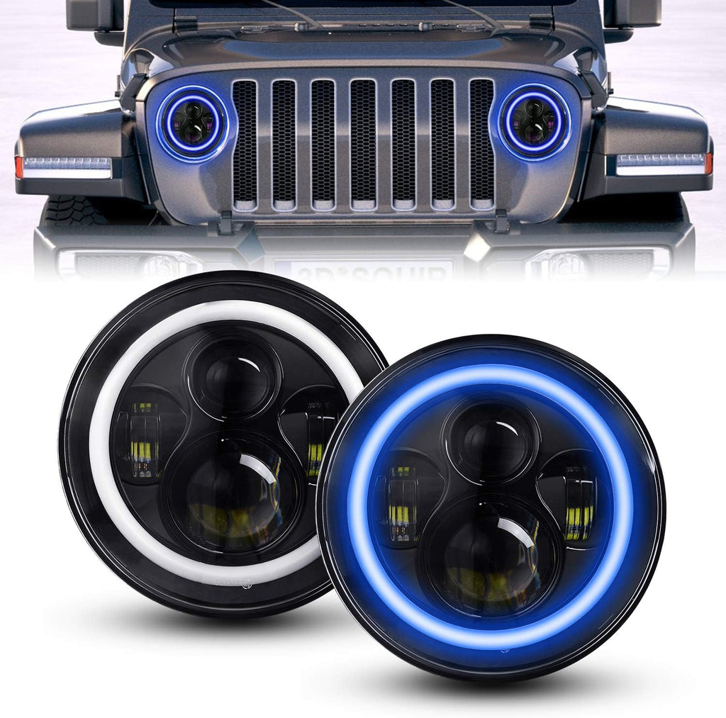 2 PCS 7 Inch Round LED Headlight High Low Beam (Green Halo) G490