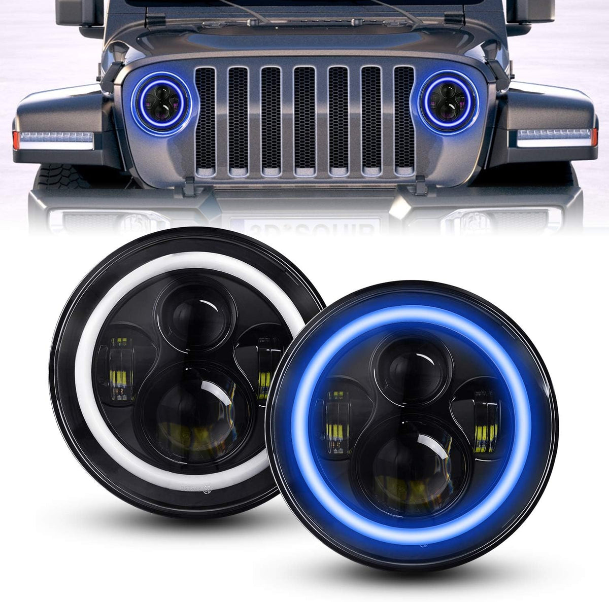 2 PCS 7 Inch Round LED Headlight High Low Beam (Green Halo) G490